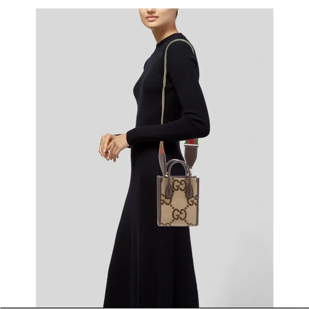 Gucci Jumbo GG Canvas Tote Mini in Brown and Tan with Adjustable Strap - Picture 3 of 11